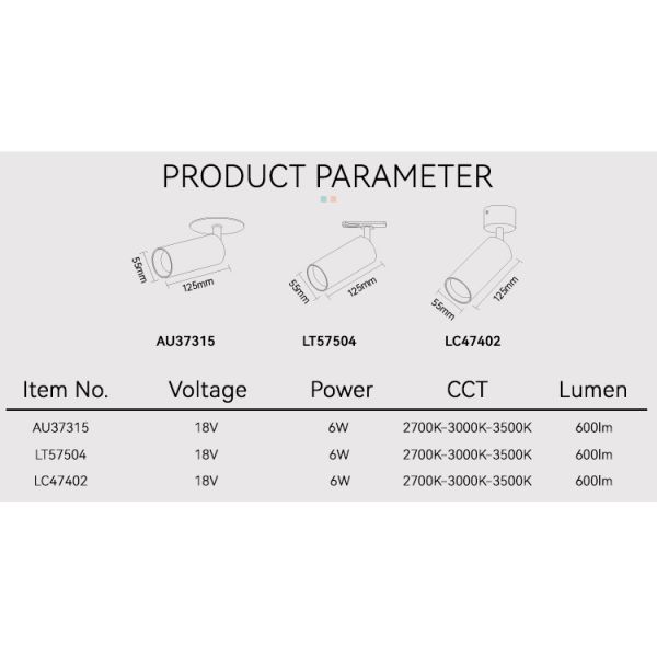 Ocean 6W LED Track Light 600lm Black Track Lighting Switchable CCT
