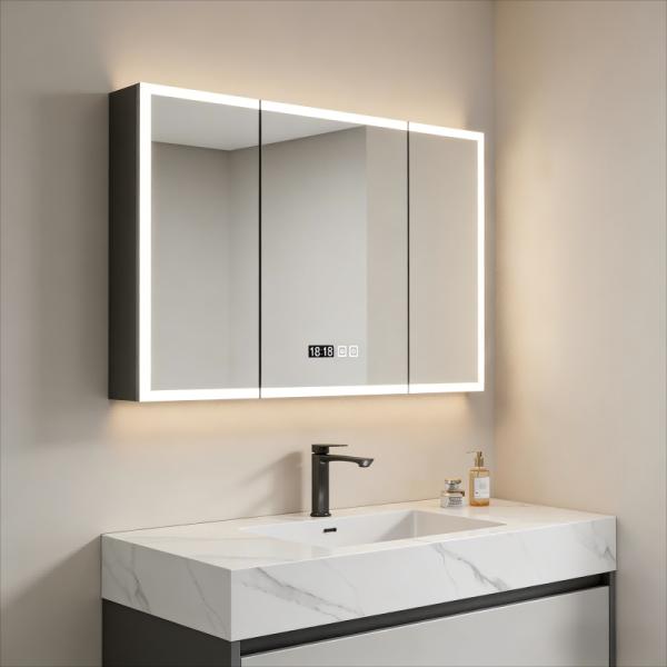 Kingstin Wood Grain Stainless Steel LED Bathroom Mirror Cabinet with Open Storage Shelf & Touch Control Light