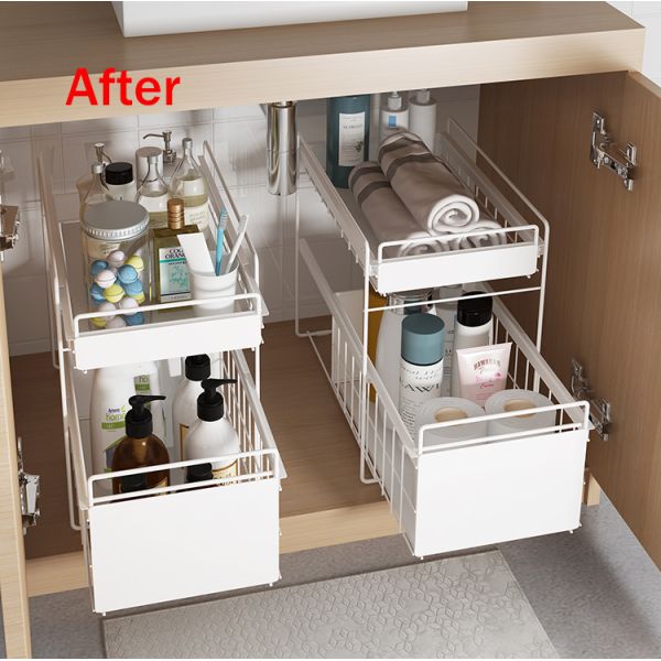 Bathroom Kitchen Stackable Double-layer Pull-out Storage Basket Spice Rack Basket  Under Sink Organizer Bathroom Shelf
