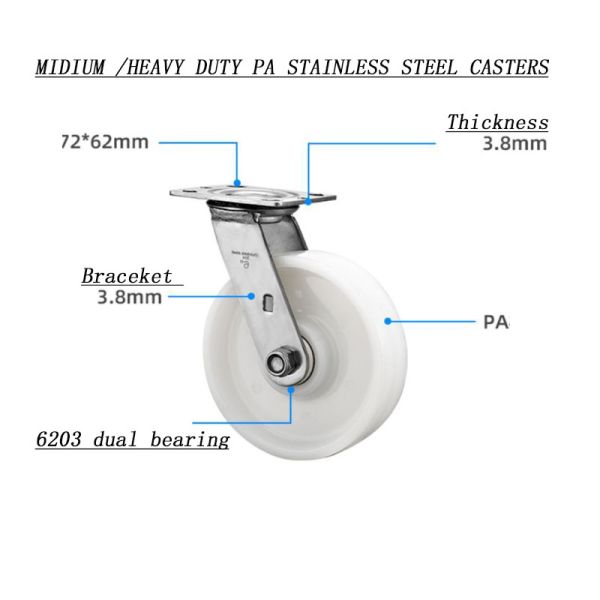 Heavy-Duty Stainless Steel PA Nylon Industrial Caster Wheel for High Strength and Wear Resistance