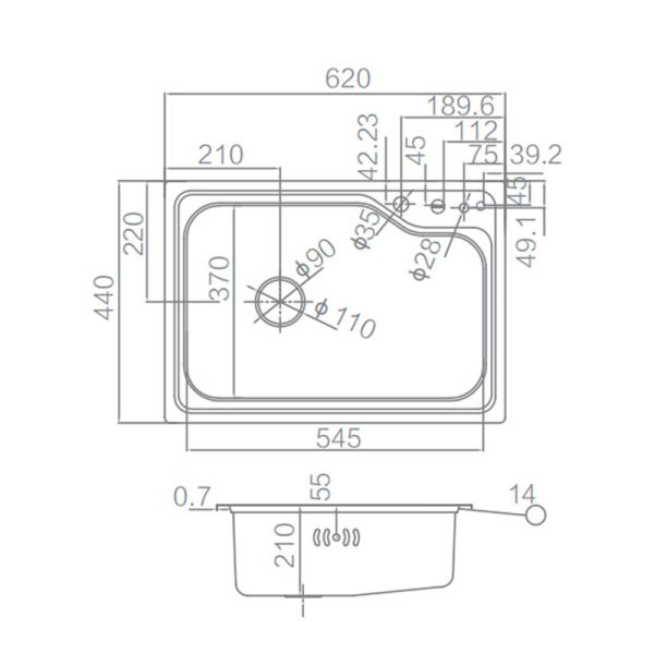 Размер установки кухонной раковины 590x410mm СТРЕЛКИ AF61810 Ss Undermount