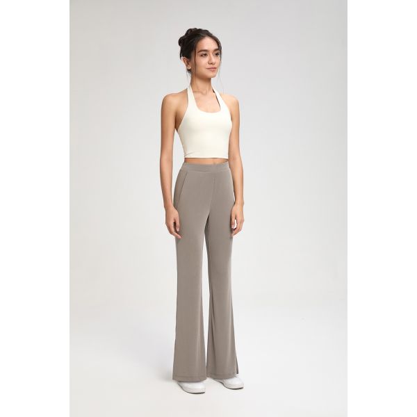 Women's Taupe High Waisted Flare Yoga Pants Soft Stretch Side Slit with Pockets