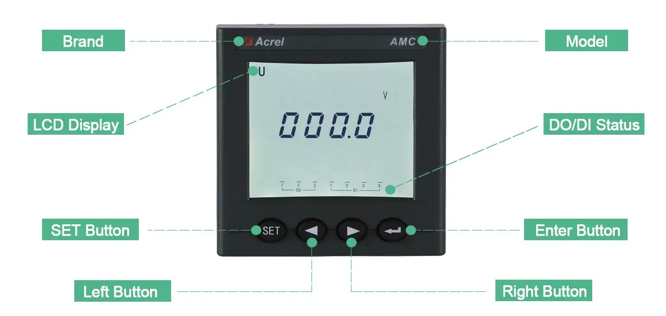 Acrel AMC72L-AV однофазный выходный ток связи RS485 4-20mA с номинальным напряжением на ЖК-дисплее AC 100V 400V