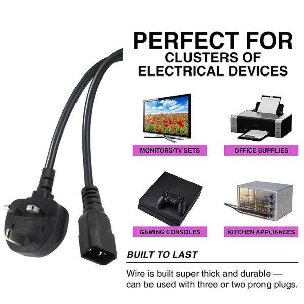 UK 3 Pin Plug to IEC C14 Power Cord 1M Black PVC Copper Cable