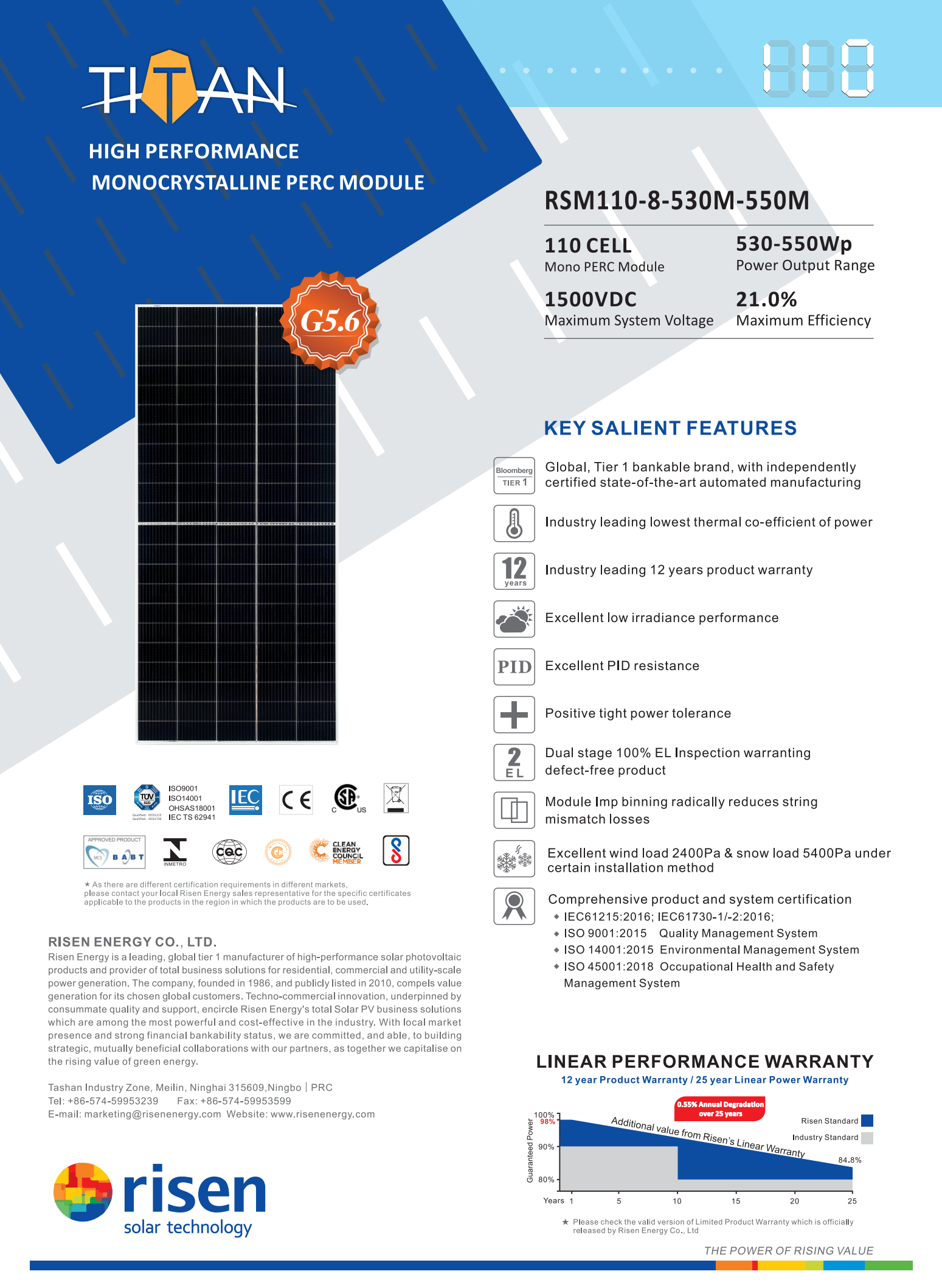 Tier 1 Brand 25 Year Warranty Pv Modules Risen Solar Panel 530W-550W  110cell PERC Mono Pv Panel (RSM110-8-530M-550M)