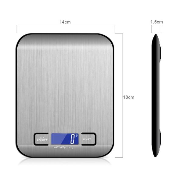Battery Powered Stainless Steel Kitchen Scale 5KG Capacity and Accurate 1g Reading for Weight Measuring in the Kitchen