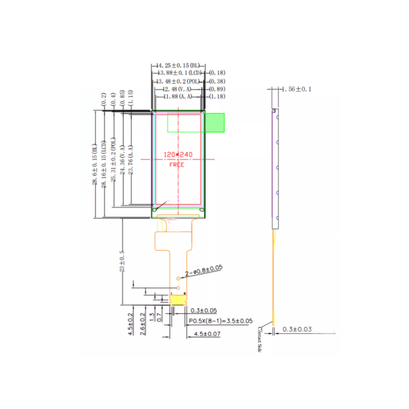 1.05 inches, driven by GC9A01, a TFT display with a resolution of 128X240 IPS LCD screen, available in plug-in or soldered types