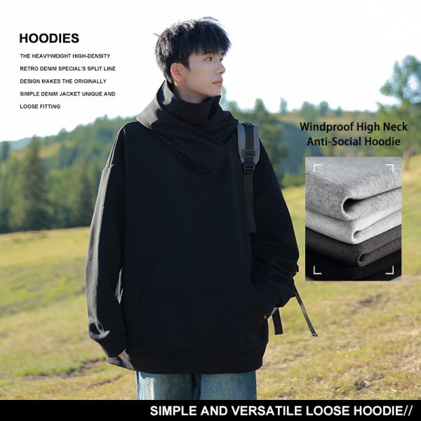 Vintage Turtleneck Windproof Face Cover Hoodie, Unique Introvert Street Casual