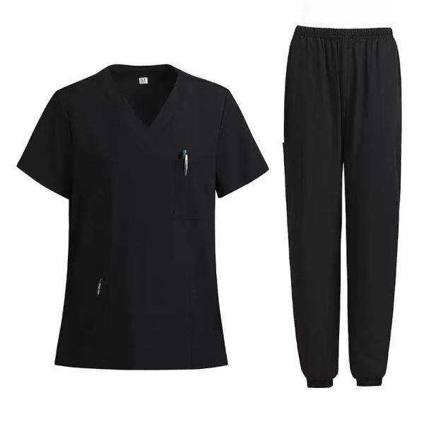 Unisex V-Neck Medical Scrub Set with Breathable Fabric, Multiple Functional Pockets, and Elastic Waist with Drawstrings