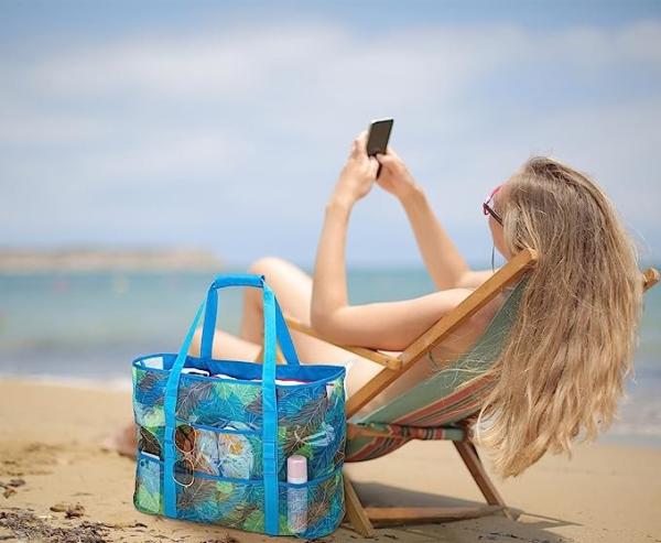 Mesh Beach Bag, Extra Large Beach Bags with 9 Pockets & Zipper Waterproof Lightweight Beach Tote for Beach/Pool Trip
