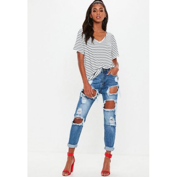 White and Navy Striped V Neck Boyfriend Clothing T Shirt Women