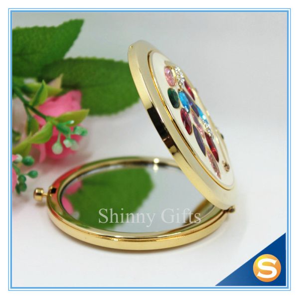 Shinny Gifts Rhinestone Small Metal Mirror For Craft Crystal Round Shape Pocket Mirror
