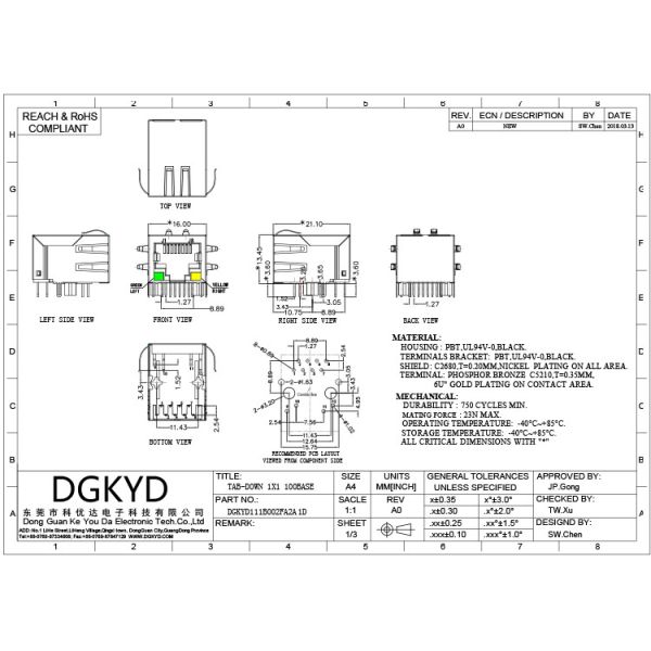 Женщина 8P8C RJ45 одиночная гаван до соединитель DGKYD111B002FA2A1D RJ45 отверстия с трансформатором