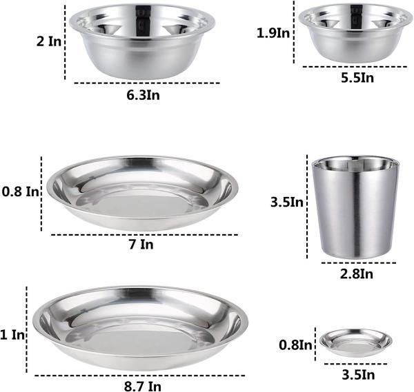 Stainless Steel Camping Plates Cups And Bowls Set. Camping Dish Set, Camping Mess Kits, Dinnerware Set