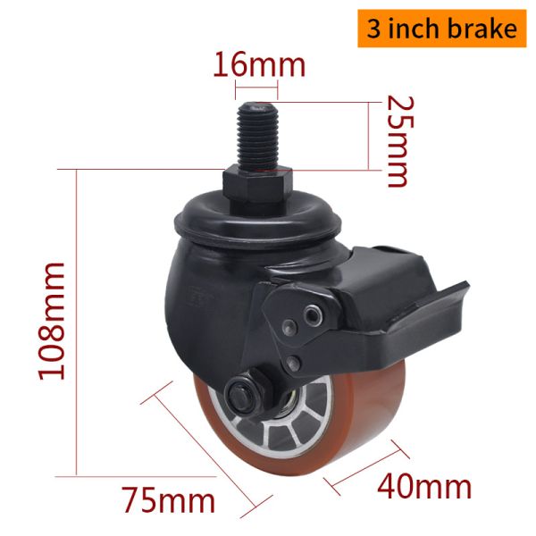 EDL Equipment Casters 3Inch Threaded Swivel E-coated Casters 500Kg Road with Brake M433-86AS