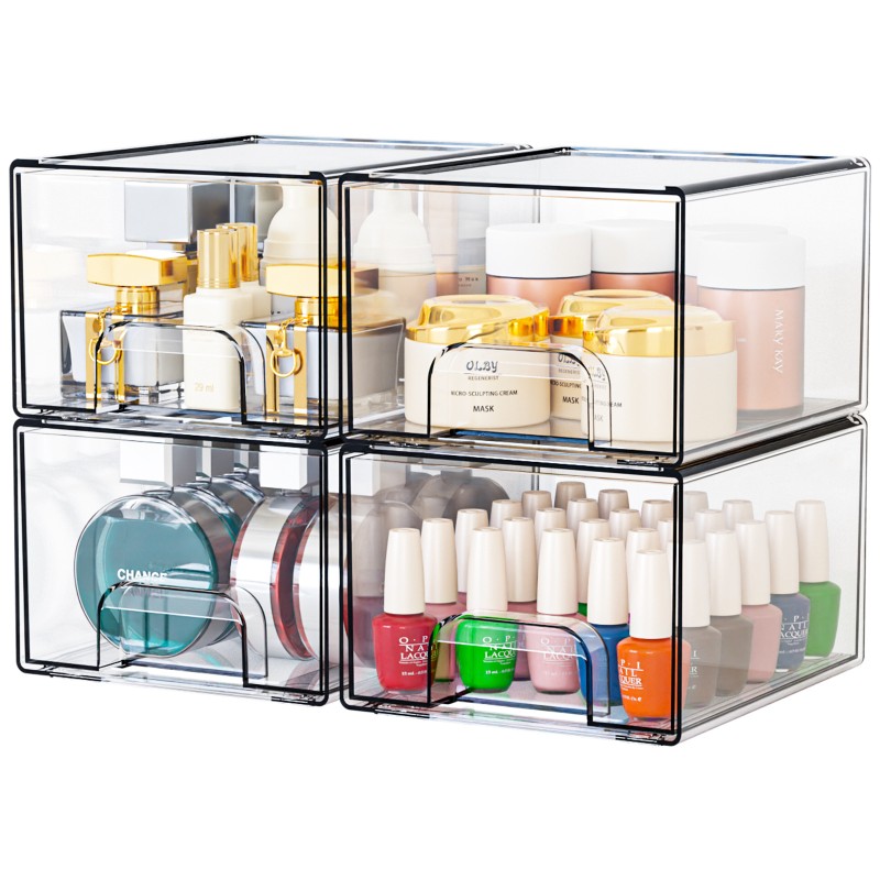 Multi-Tier Clear Makeup Organizer Detachable Stackable Desktop Storage Box Dustproof Cosmetic Display Case with Drawers for Home