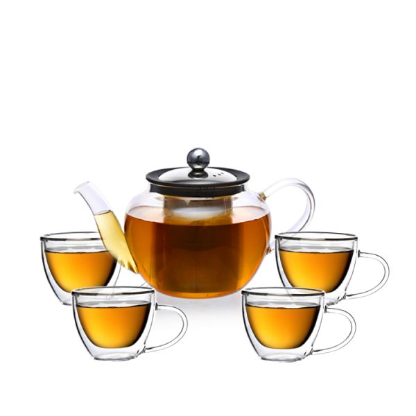 Factory Custom Glass Tea Set Glass Teapot Tea Infuser and 4 Double-Wall Insulated Glass Cups
