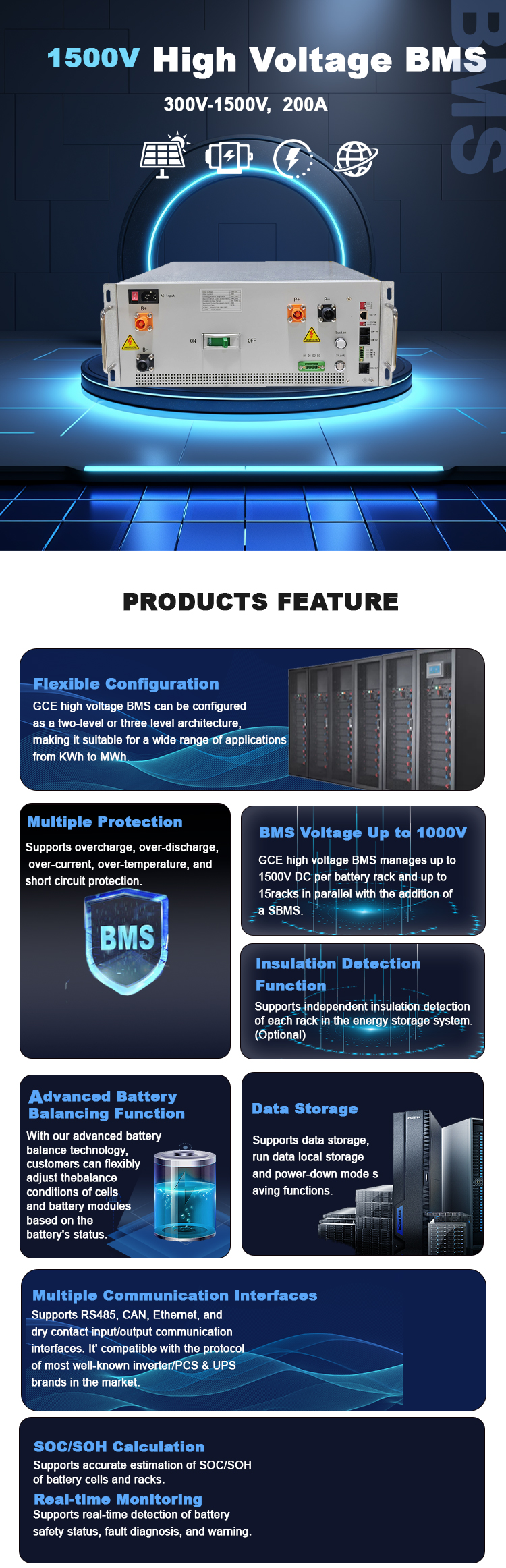 GCE 1200V Master Slave BMS 160A 200A 250A Высоковольтный BMS с 16S 32S 48S 52S BMU Для ESS