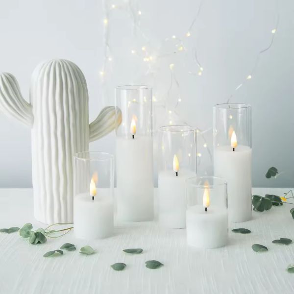 Birthdays Weddings Clear Glass Flameless Pillar Candles With Timer Flickering Glass Pillar Light