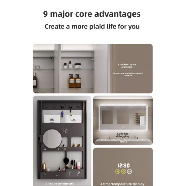 Modern Luxury LED Bathroom Medicine Cabinet Water-Resistant Touch Switch Aluminum Frame Defogger IP44 Rated Wall-Mounted Hotels