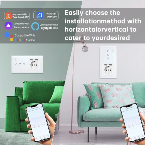 Alexa Wifi Smart Wall Switch And Socket Dual USB Waterproof Tempered Glass Panel