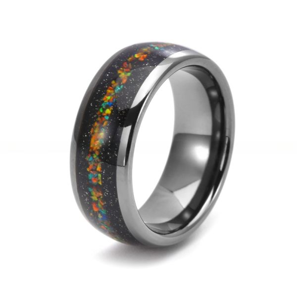Bagues Nébuleuse Dôme Argent 8mm Tungstène Opale Colorée Incrustation Bague Anneau de Mariage Galaxie Incrustation de Pierre de Sable Bleu pour Hommes