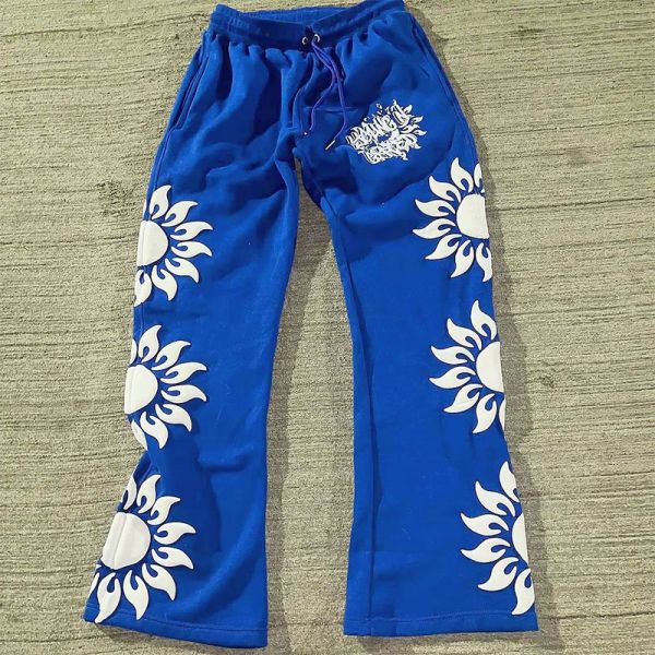 Trous sur mesure Coureurs 3D imprimés Puff Sweat Acid Wash Cotton Coureur Track Pantalon Vintage Hommes Soleil fané Pantalon à large jambe