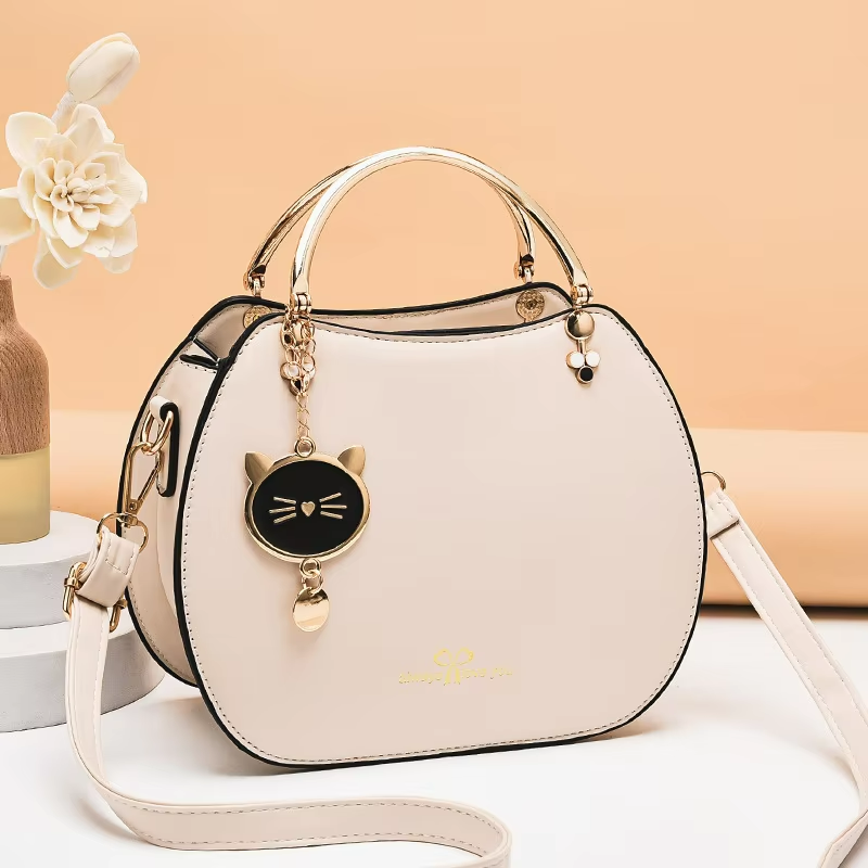 Trendy Single Shoulder Women's Handbag with Cat Pendant and Zipper Closure