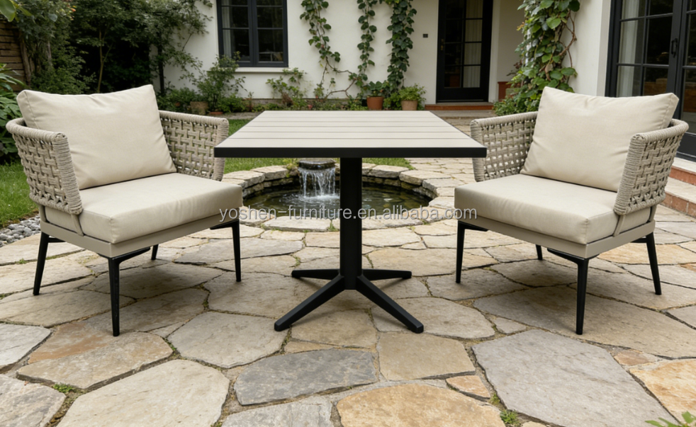 Modern Handwoven Rope Lounge Chair with Matching Cushion Set Black Frame for Hotel Resort Villa