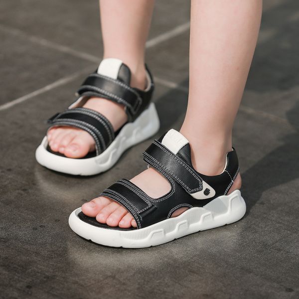 Stylish Black Soft Sole Slippers Sport Leather Sandals 26-30 31-37 Size