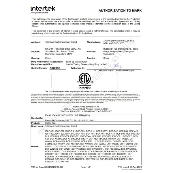 1stshine Industrial Company Limited Сертификации
