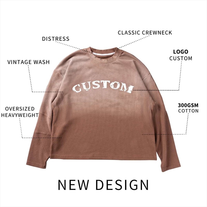 Custom Men Sweatshirts Oversized Vintage Wash Waffle Grid Pullover 300GSM Cotton Sweatshirt