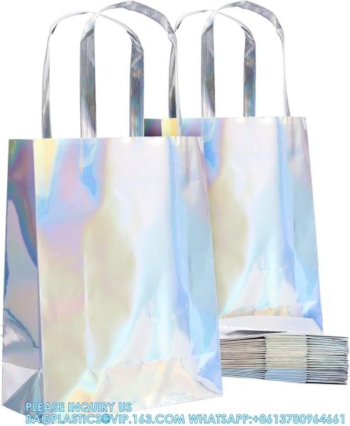 Holographic Foil Paper Gift Bags With Handles, Reusable Iridescent Gift Bags For Baby Shower, Birthday, Wedding