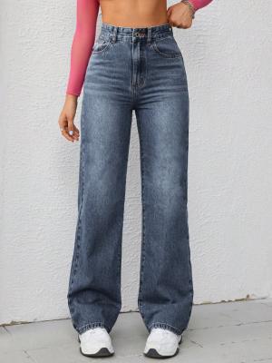 Dark blue high-waisted straight-leg jeans for women
