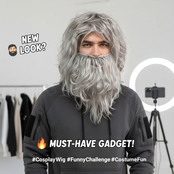 Realistic Grey Wig and Beard Set for Men, Long Silver Hair Old Man Costume, Wizard Hermit Caveman Cosplay for Halloween Party