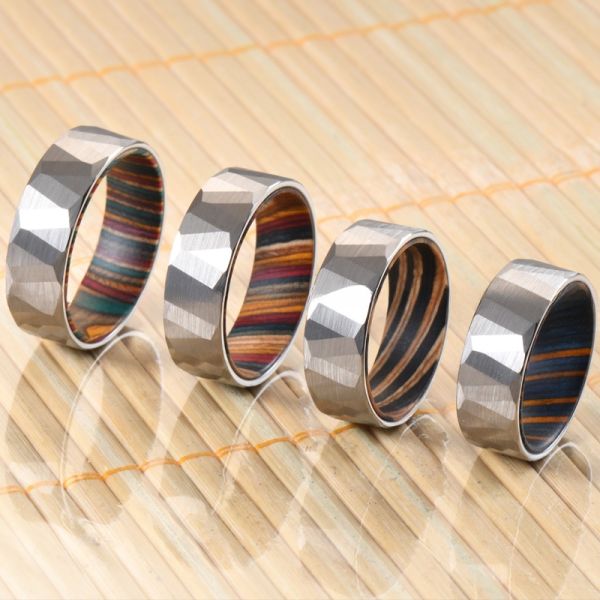 Sample Making Service 8mm Wedding Rings Box Elder Wood Colourful Hammered Black Faceted Tungsten Carbide Ring