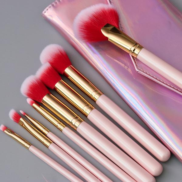 8 Pieces Travel Make Up Brush Set Pink With Rainbow Cosmetic Bag