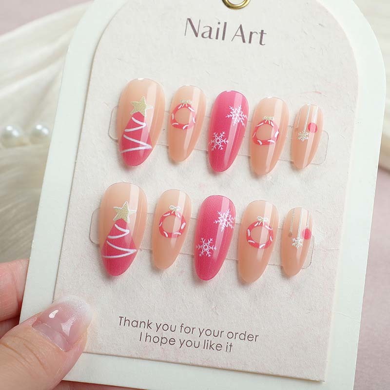 Glossy Medium Almond Christmas Holiday Fake Nails Quick Application