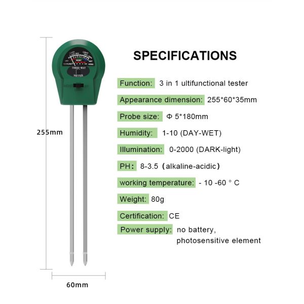 Stainless Steel Tube Probe 3 In 1 Moisture/Light/Ph Tester for Plant/Lawn/Farm/Garden