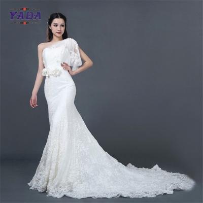 Nova chegada de encaixe branco puro, rosas de mão, aplicativos de contas, comprimento do chão fora do ombro, vestido de noiva de sereia, vestido de noiva