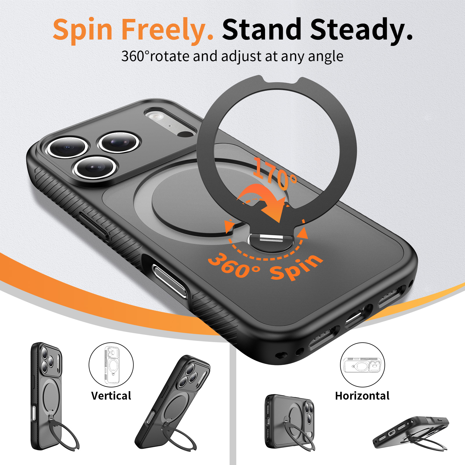 Laudtec TPU+PC Skin-Feel Magnetic Phone Protective Case for iPhone 15 16 17 18 Pro Max, 60° Rotatable 170° Fold Ring Kickstand