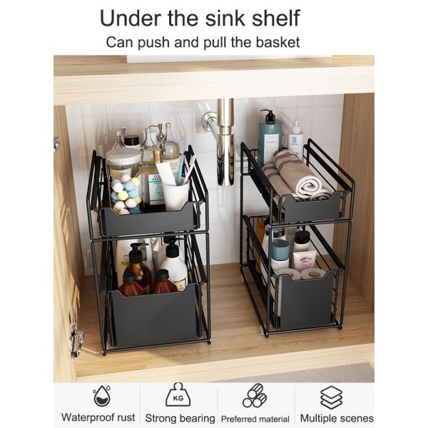 Upgraded Foldable Push-pull Metal Double-layer Bathroom Storage Organizer Under Sink Storage Rack for Kitchen Cabinet Countertop