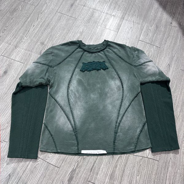 Custom Applique Embroidery Acid Washed Vintage Distressed Boxy Fit Oversized Double Layer Waffle Sleeve Tee Long Sleeve T Shirt