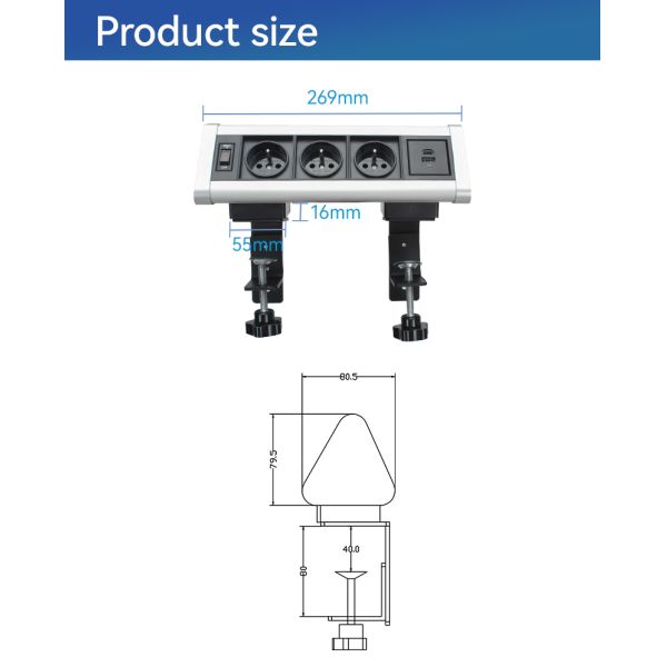 40mm Desk Clamp On Power Outlet Strip USB C SAA Certificated