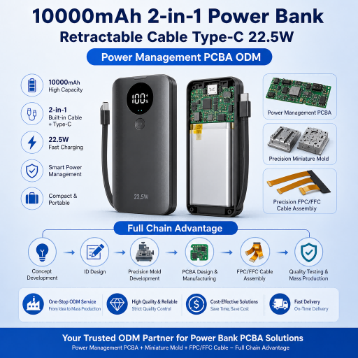 10000mAh 2-in-1 Power Bank Retractable Cable Type-C 22.5W Power Management PCBA ODM