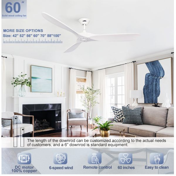 Mais de cinco velocidades de vento 30W 60 polegadas LED Ventilador de teto de madeira com motor DC leve