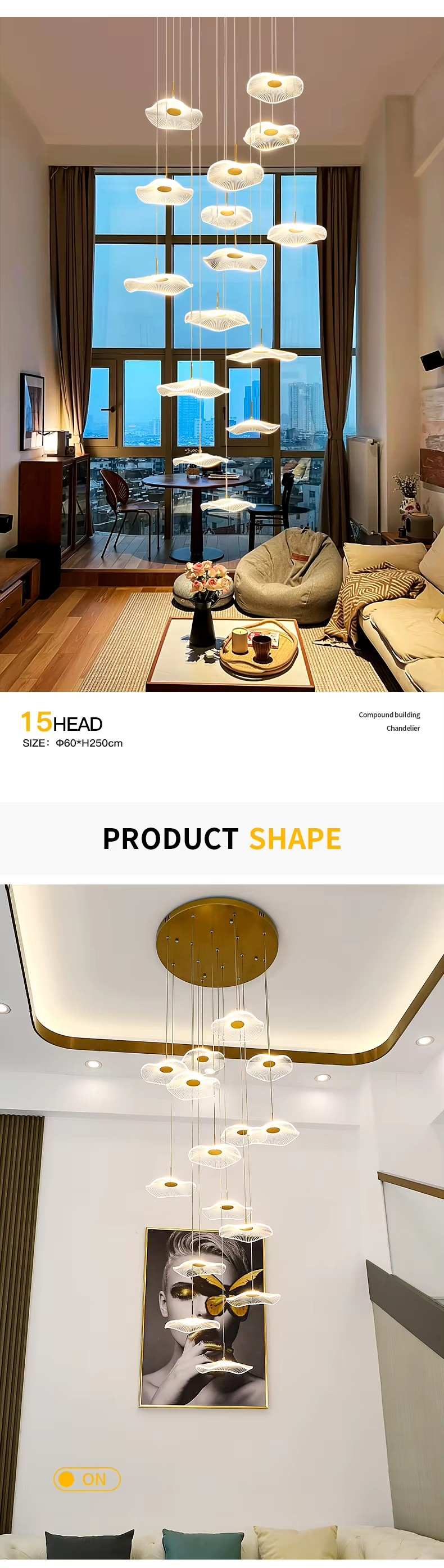 Diseño moderno de hojas de loto LED techo acrílico escalera de luz lujosa casa iluminación decorativa lámpara de candela