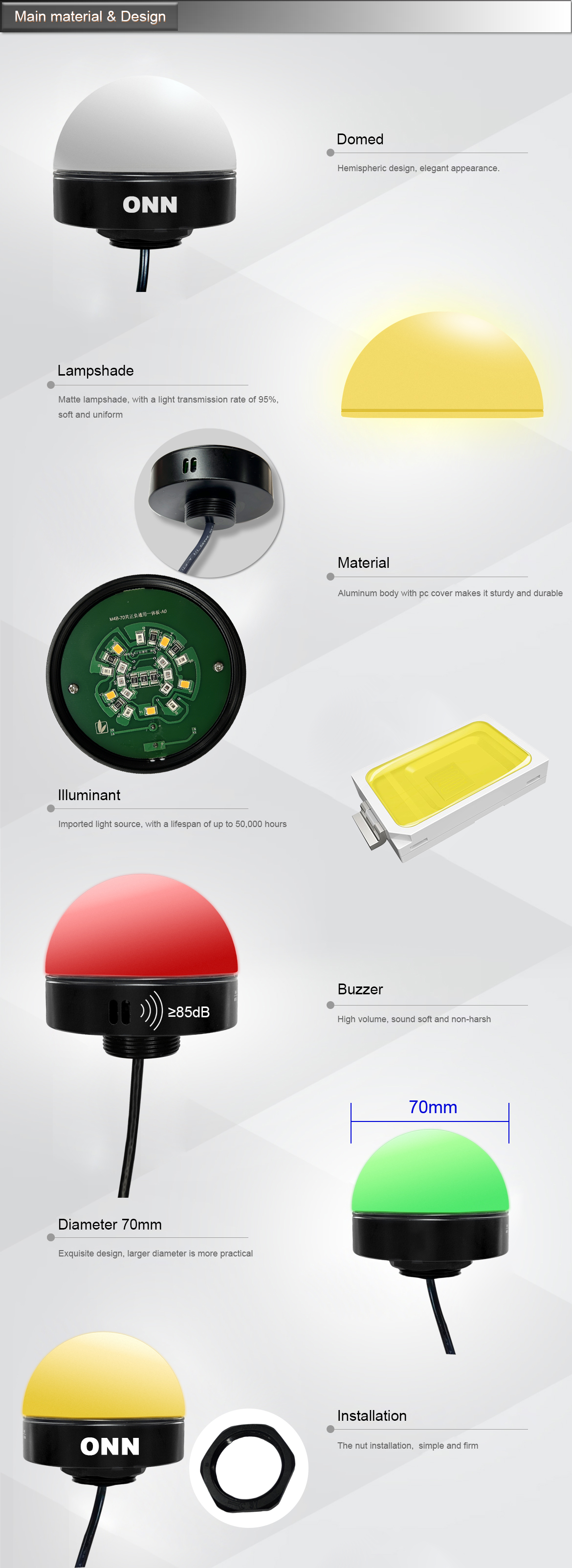 ONN M4B-90 Dome LED Warning Light φ90mm 360° IP65 Waterproof RYG Status Beacon