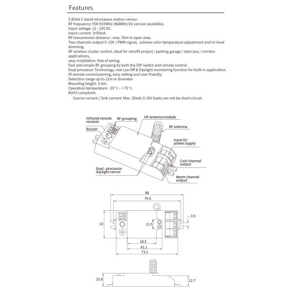 Мониторинг дневного света Снижаемый датчик движения Радиочастотная беспроводная группировка Настраиваемый белый