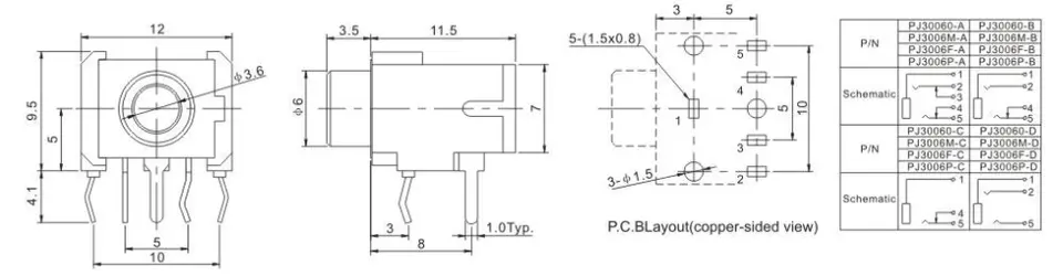 Наушники PJ3006M 5PIN 3.5mm поднимают штепсельную вилку домкратом к паять держатель панели PCB